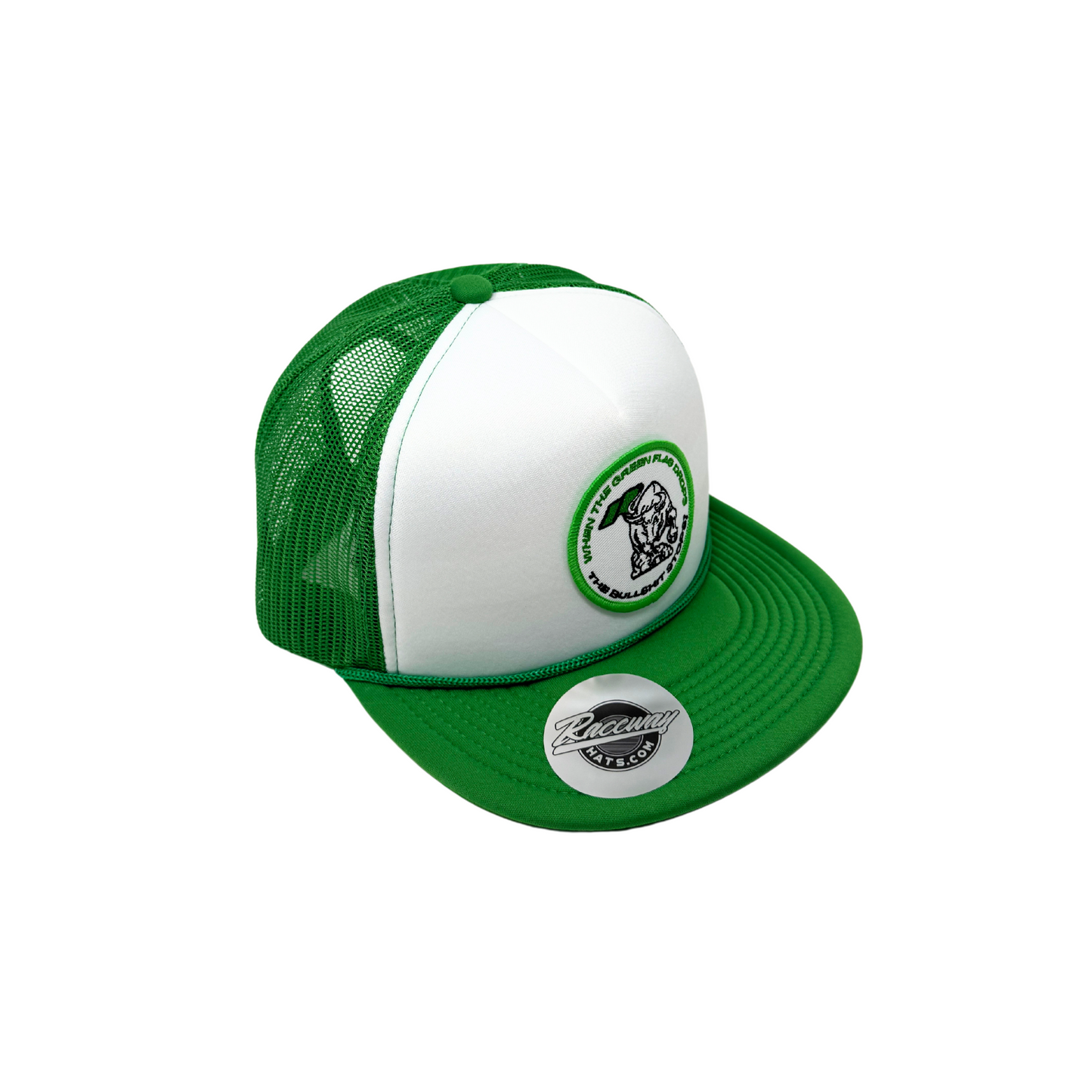 5-Panel Flatbill Foam Snapback Trucker Hat with Raceway Hats "When the Green Flag Drops the Bullshit Stops" Patch