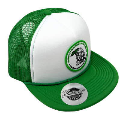 5-Panel Flatbill Foam Snapback Trucker Hat with Raceway Hats "When the Green Flag Drops the Bullshit Stops" Patch