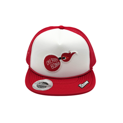 5-Panel Foam Snapback Flatbill Trucker Hat with Vintage Cherry Bomb Patch