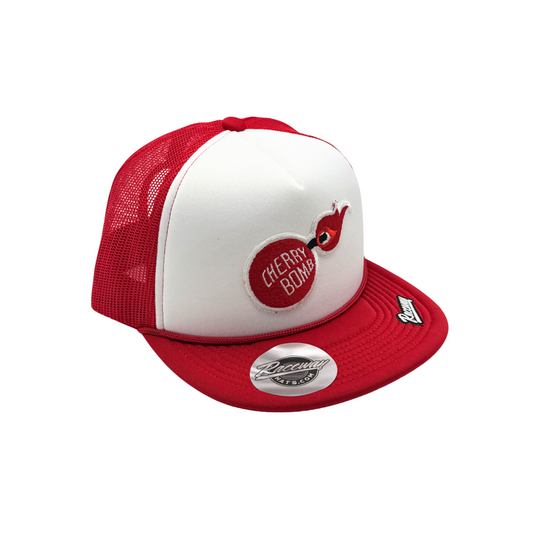 5-Panel Foam Snapback Flatbill Trucker Hat with Vintage Cherry Bomb Patch