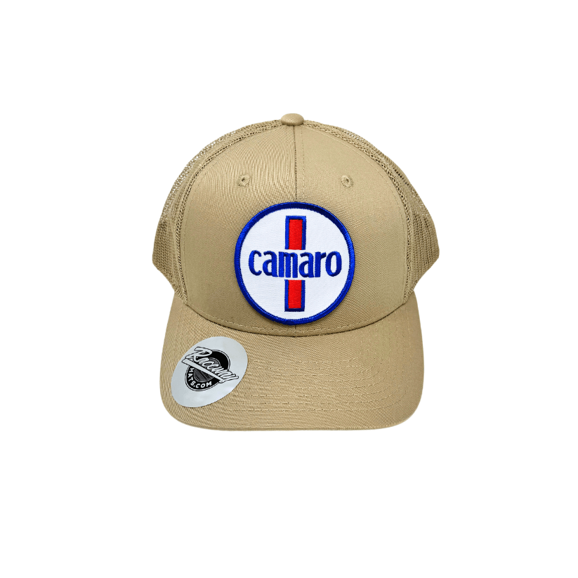 Readymade Vintage-Style Camaro Patch Pressed onto New Decky 6021 6-Panel Trucker Hat