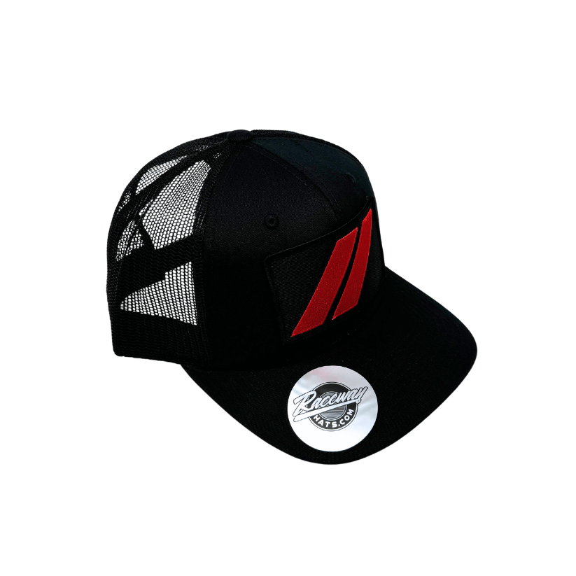 Readymade Dodge Stripes Logo Patch Pressed onto New Decky 6021 6-Panel Trucker Hat