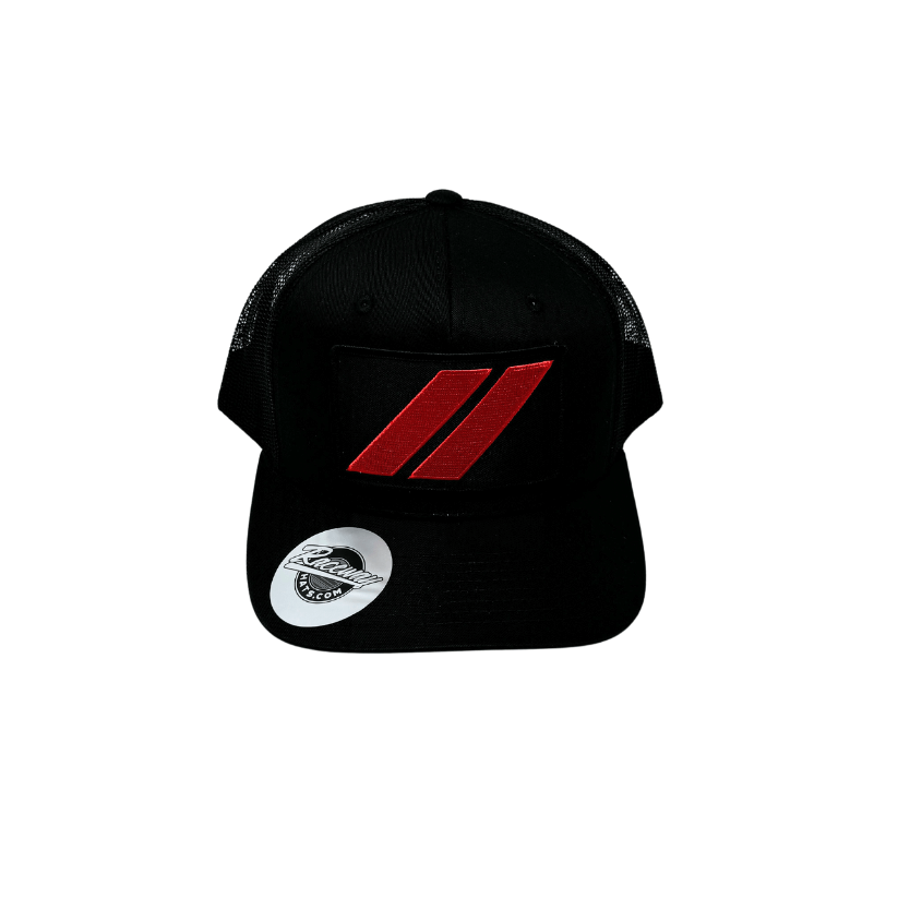 Readymade Dodge Stripes Logo Patch Pressed onto New Decky 6021 6-Panel Trucker Hat