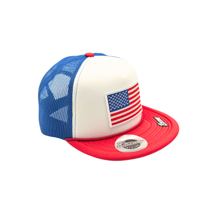 5-Panel Foam Snapback Flatbill Trucker Hat with American Flag Patch