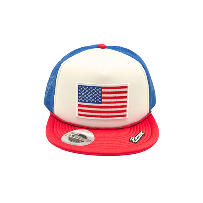 5-Panel Foam Snapback Flatbill Trucker Hat with American Flag Patch