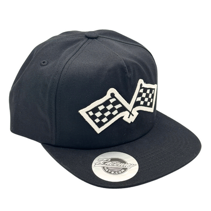 5-Panel Unstructured Snapback Hat with Crossed Checkered Flags Patch