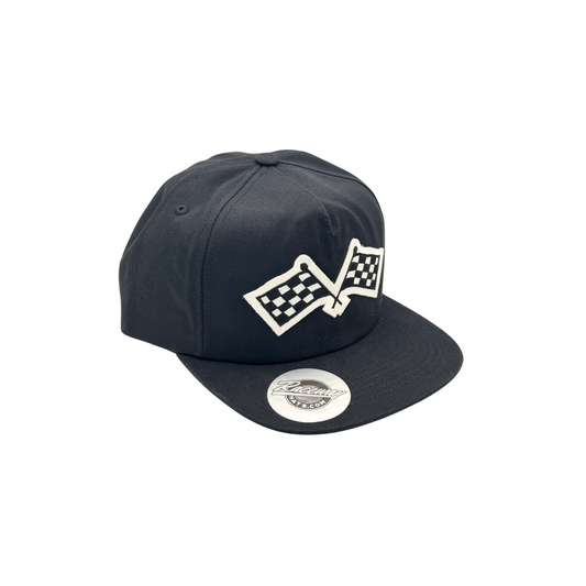 5-Panel Unstructured Snapback Hat with Crossed Checkered Flags Patch