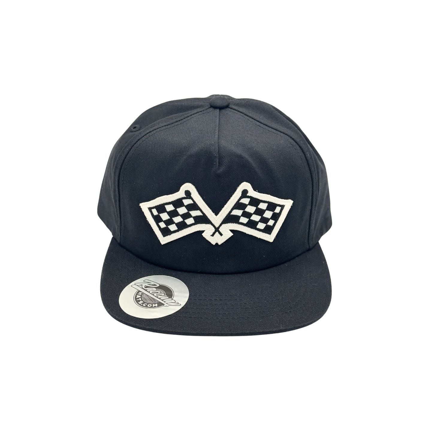 5-Panel Unstructured Snapback Hat with Crossed Checkered Flags Patch