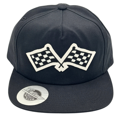 5-Panel Unstructured Snapback Hat with Crossed Checkered Flags Patch