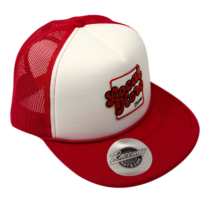 5-Panel Flatbill Foam Snapback Trucker Hat with Raceway Hats Local Hero Logo Patch