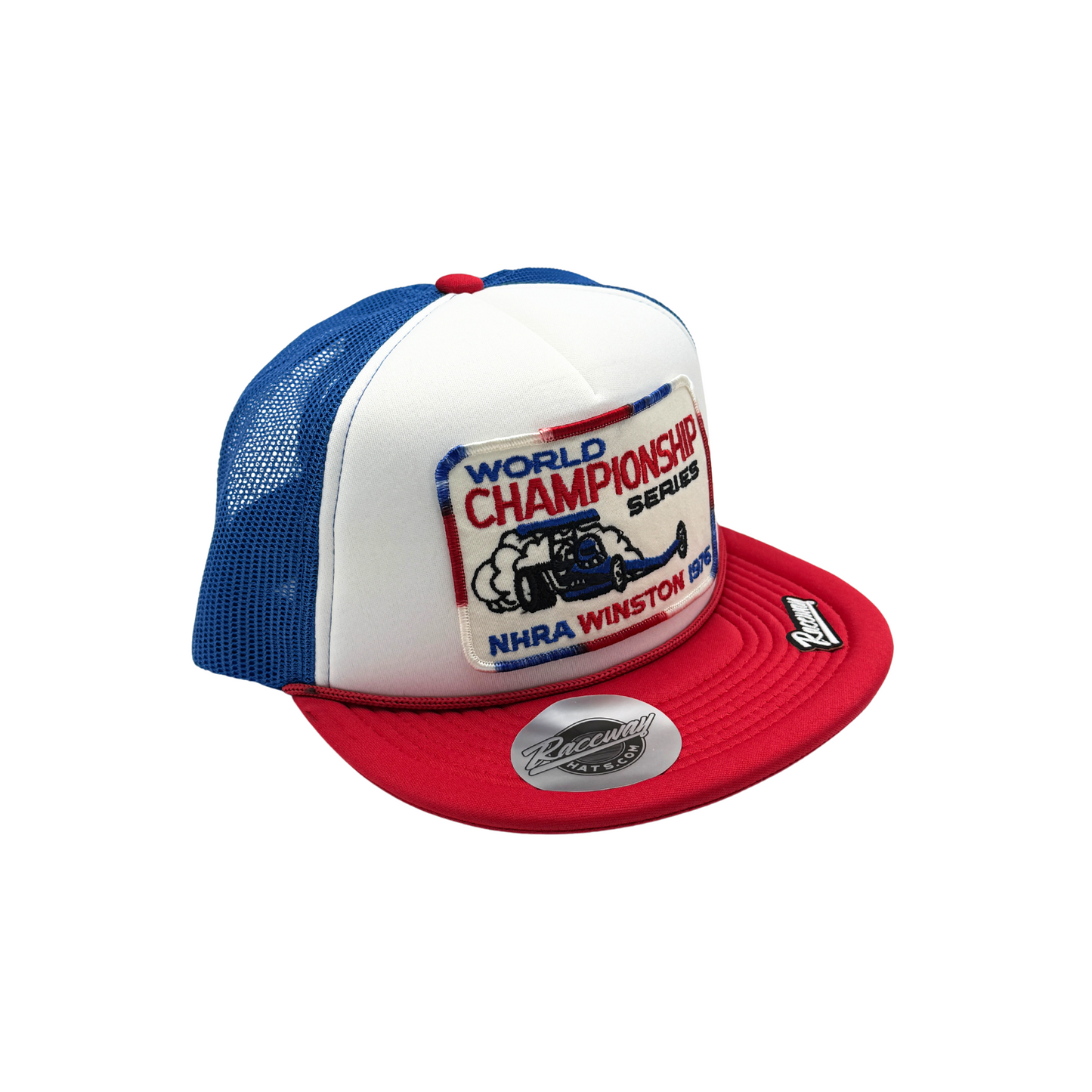 5-Panel Foam Snapback Flatbill Trucker Hat with Vintage 1976 NHRA World Championship Series Patch