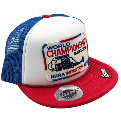 5-Panel Foam Snapback Flatbill Trucker Hat with Vintage 1976 NHRA World Championship Series Patch