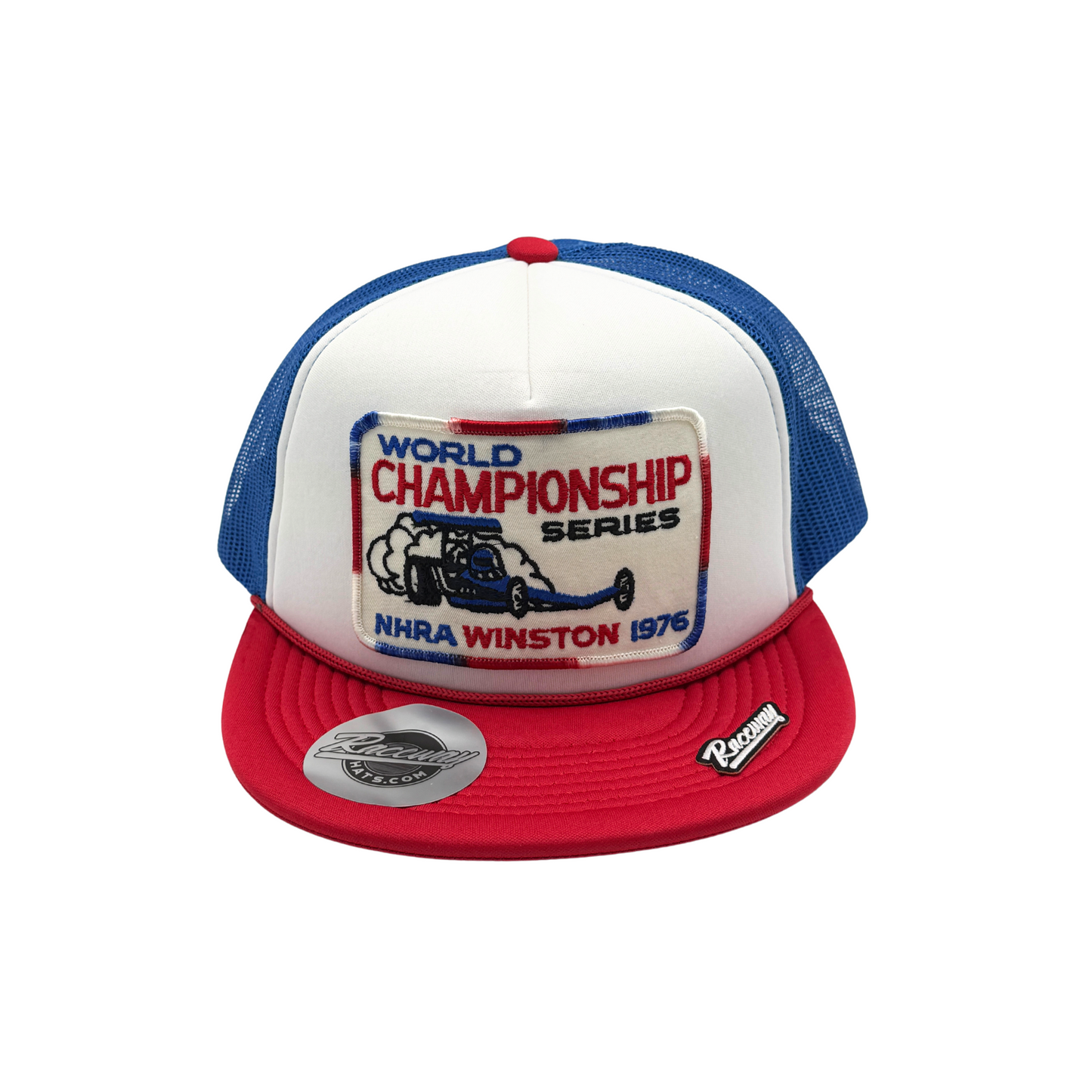 5-Panel Foam Snapback Flatbill Trucker Hat with Vintage 1976 NHRA World Championship Series Patch