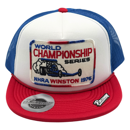 5-Panel Foam Snapback Flatbill Trucker Hat with Vintage 1976 NHRA World Championship Series Patch