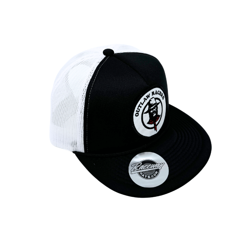 Readymade Vintage-Style Outlaw Patch Pressed onto New Decky 6026 Classic 5-Panel Foam Trucker Hat