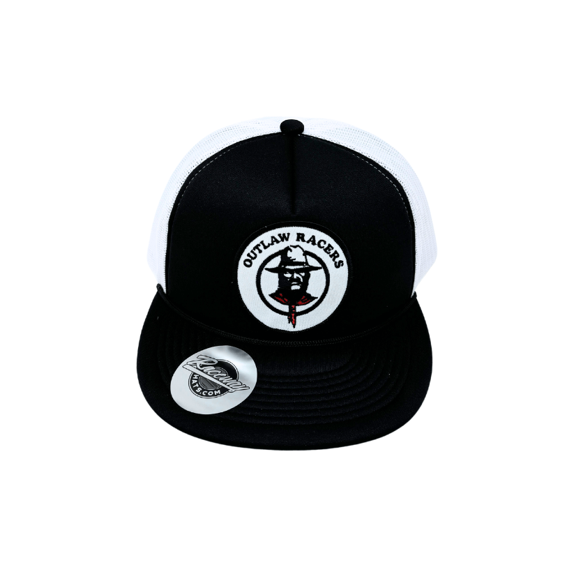 Readymade Vintage-Style Outlaw Patch Pressed onto New Decky 6026 Classic 5-Panel Foam Trucker Hat