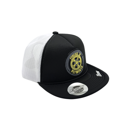 5-Panel Foam Snapback Flatbill Trucker Hat with Vintage-Style Plymouth Patch