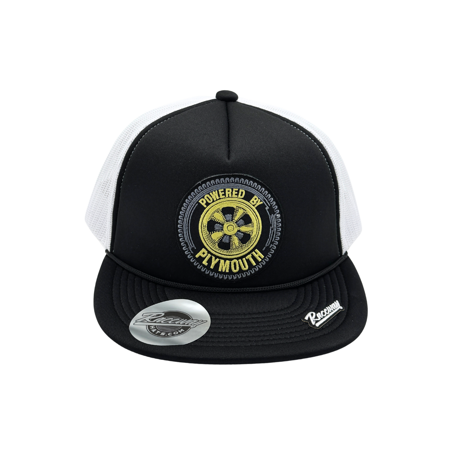 5-Panel Foam Snapback Flatbill Trucker Hat with Vintage-Style Plymouth Patch