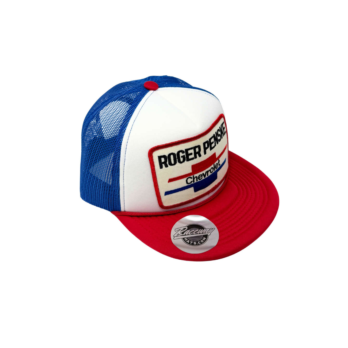 5-Panel Flatbill Foam Snapback Trucker Hat with Vintage Roger Penske Chevrolet Patch