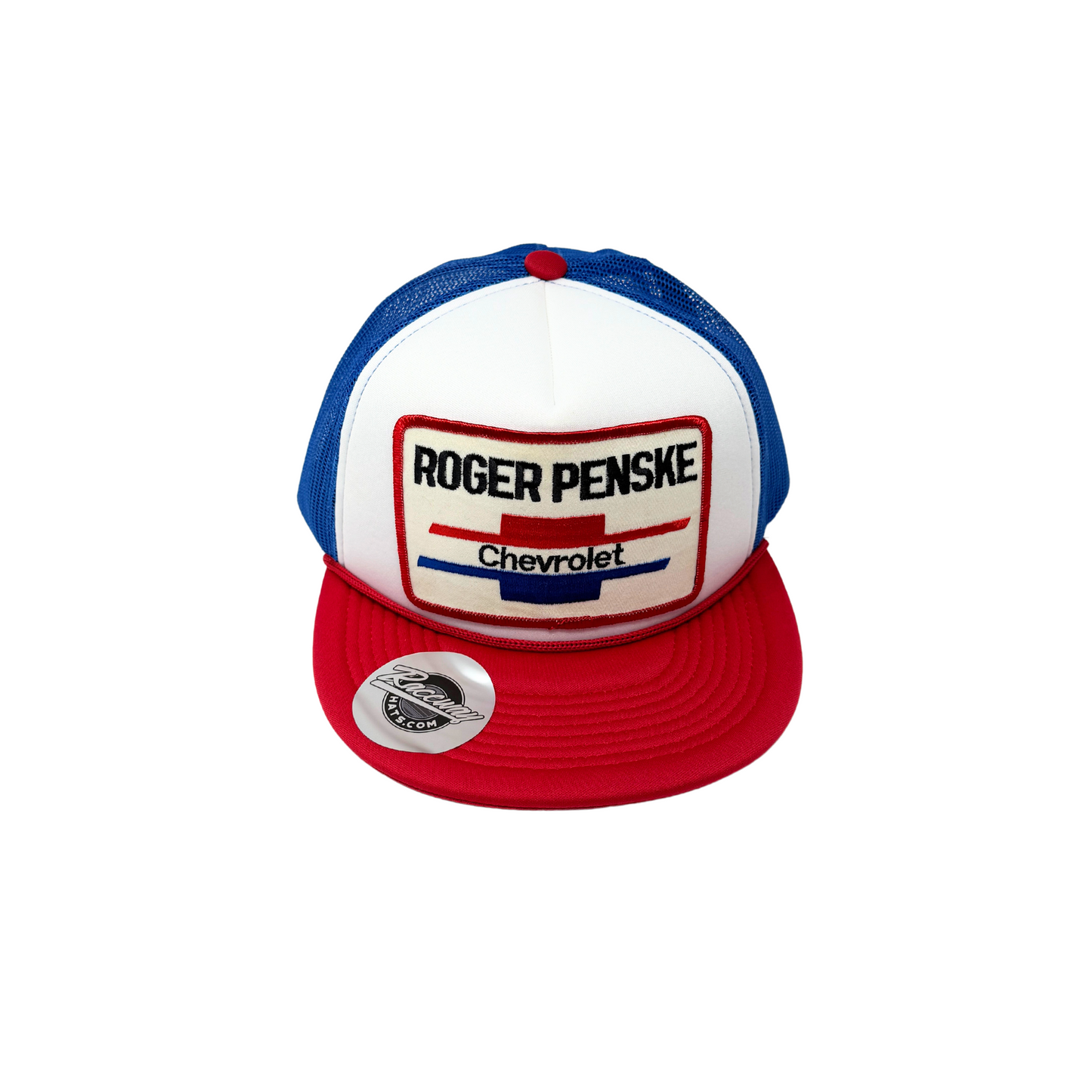 5-Panel Flatbill Foam Snapback Trucker Hat with Vintage Roger Penske Chevrolet Patch