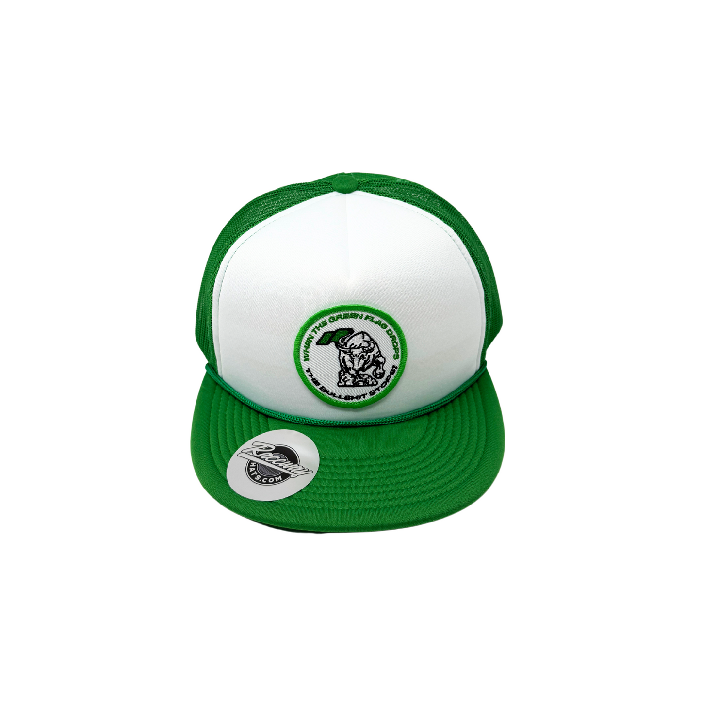 5-Panel Flatbill Foam Snapback Trucker Hat with Raceway Hats "When the Green Flag Drops the Bullshit Stops" Patch