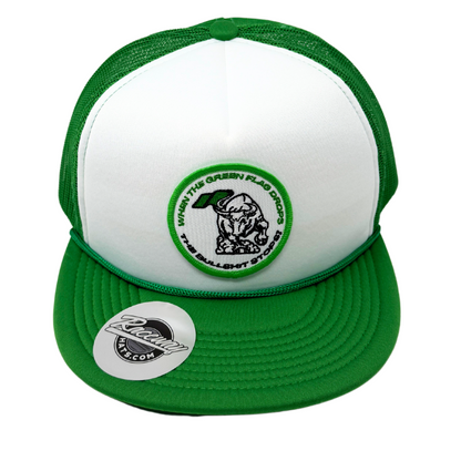 5-Panel Flatbill Foam Snapback Trucker Hat with Raceway Hats "When the Green Flag Drops the Bullshit Stops" Patch