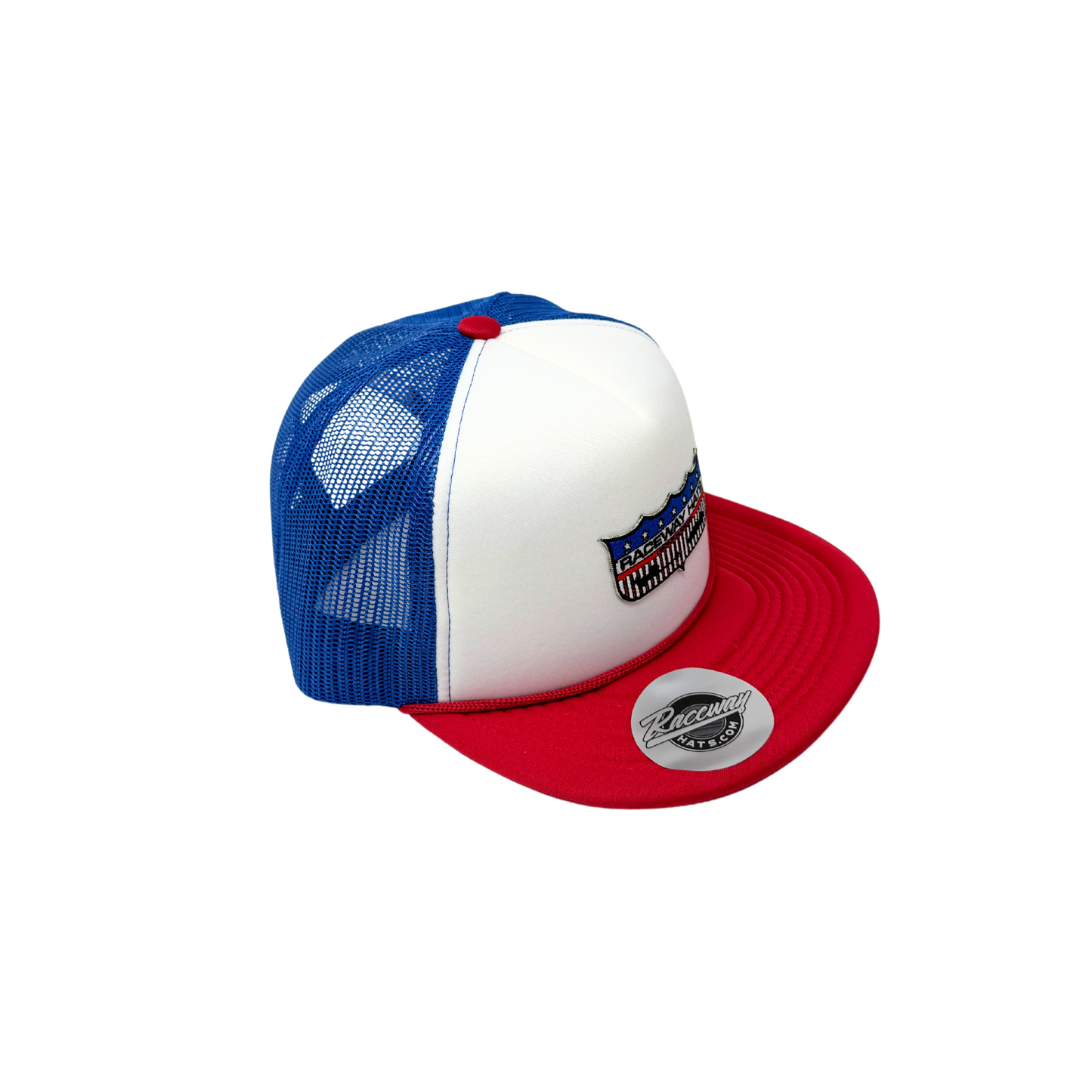 5-Panel Flatbill Foam Snapback Trucker Hat with Raceway Hats Shield Logo Patch