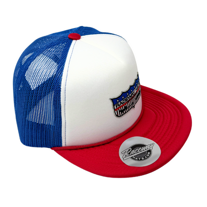 5-Panel Flatbill Foam Snapback Trucker Hat with Raceway Hats Shield Logo Patch