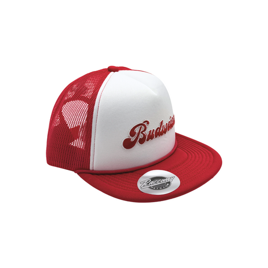 5-Panel Foam Snapback Flatbill Trucker Hat with Vintage Budiweiser Script Patch