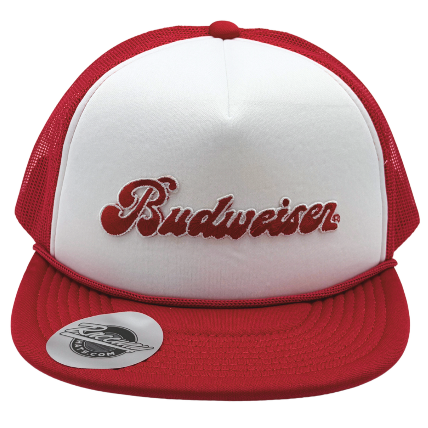 5-Panel Foam Snapback Flatbill Trucker Hat with Vintage Budiweiser Script Patch