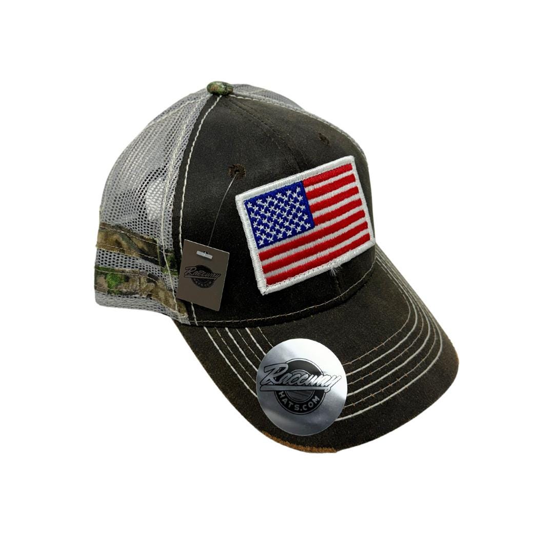 Readymade American Flag Patch on Outdoor Cap HPC400M Camo Hat - Sale Priced!