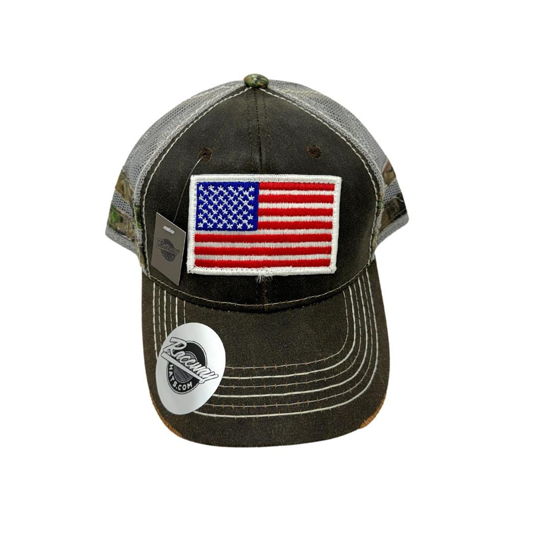 Readymade American Flag Patch on Outdoor Cap HPC400M Camo Hat - Sale Priced!