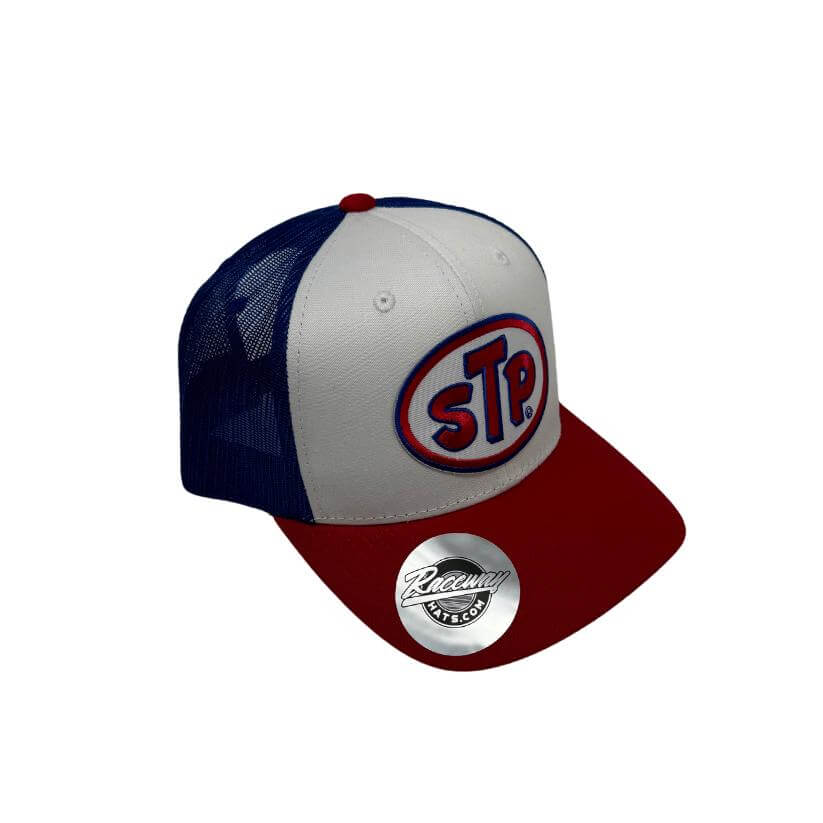 Readymade Vintage Style Alternate STP Patch Pressed onto New Decky 6021 6-Panel Trucker Hat