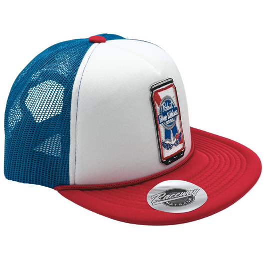 5-Panel Foam Snapback Flatbill Trucker Hat with Vintage-Style Pabst Blue Ribbon Beer Can Patch