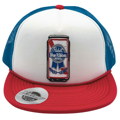 5-Panel Foam Snapback Flatbill Trucker Hat with Vintage-Style Pabst Blue Ribbon Beer Can Patch