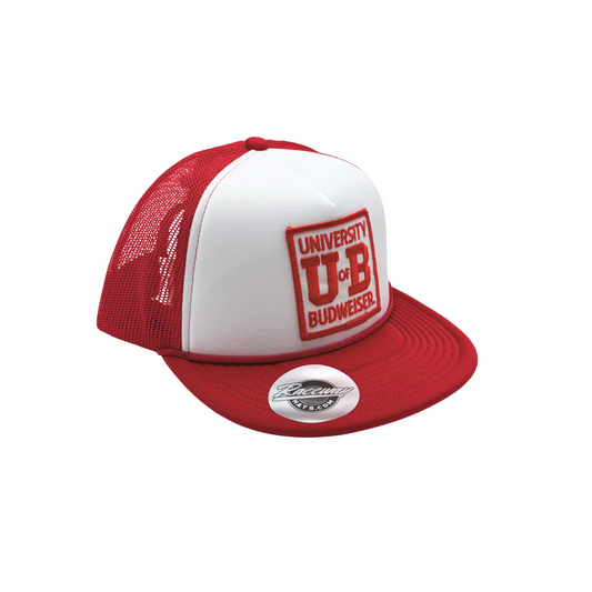 5-Panel Foam Snapback Flatbill Trucker Hat with Vintage University of Budweiser Patch