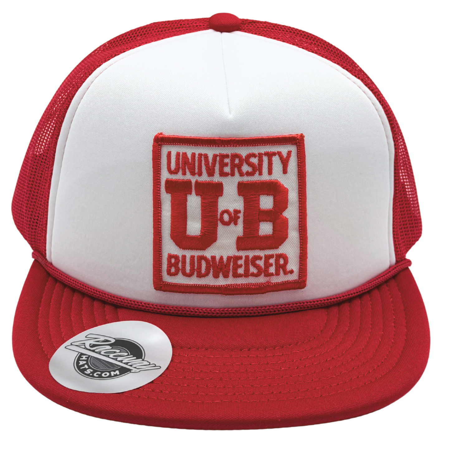 5-Panel Foam Snapback Flatbill Trucker Hat with Vintage University of Budweiser Patch